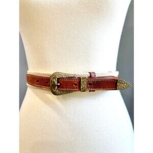 VTG Western Boho Braided Cotton & Leather Belt Tooled Ornate Brass Buckle, XXL